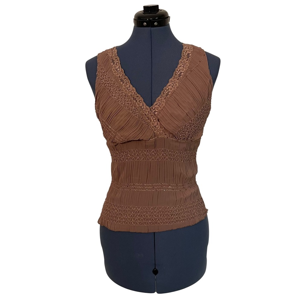 Agenda Brown Crinkle Lace Sequin Trim Babydoll V Neck Tank Y2K Shell M